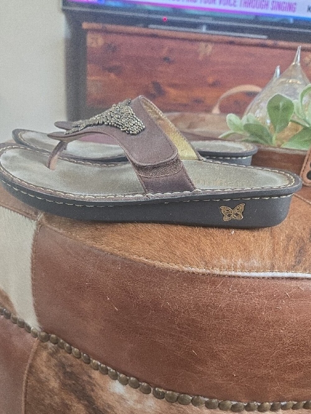 Alegria Metallic Bronze Beaded Thong Sandals - Picture 4 of 11